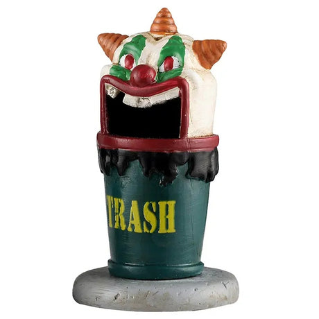 This trash can has a top that was designed to look like a spooky clown with red eyes.