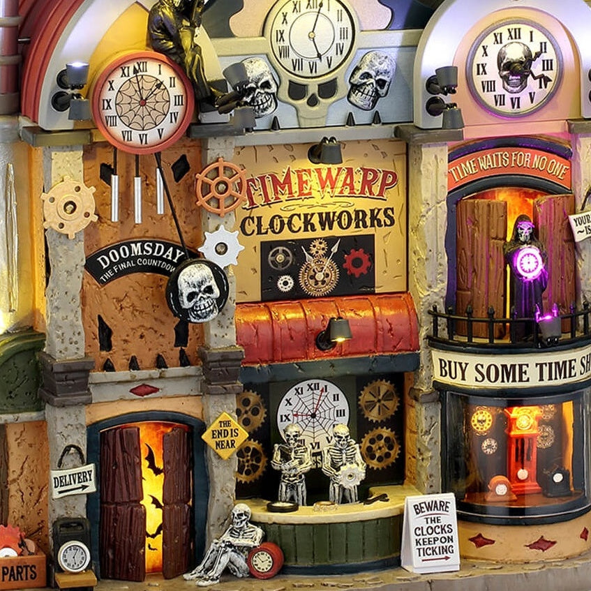 This is a zoomed in look at the building. The building is called "Timewarp Clockworks." There's a Doomsday final countdown and the grim reaper is seen standing on one of the balconies. There's a sign above him that reads "Time Waits for No One."