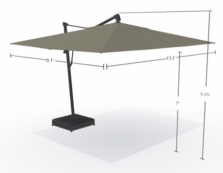 This image shows what the dimensions are for this umbrella. From the top of the umbrella to the top of the base, it measures 9.5 feet tall. From the bottom of the umbrella to the top of the base, it measures 7 feet tall. From the left edge of the umbrella to the right edge of the umbrella, it measures 13 feet wide. A different edge of the umbrella measures 9.1 feet wide.