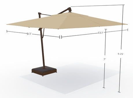 This image shows what the dimensions are for this umbrella. From the top of the umbrella to the top of the base, it measures 9.5 feet tall. From the bottom of the umbrella to the top of the base, it measures 7 feet tall. From the left edge of the umbrella to the right edge of the umbrella, it measures 13 feet wide. A different edge of the umbrella measures 9.1 feet wide.