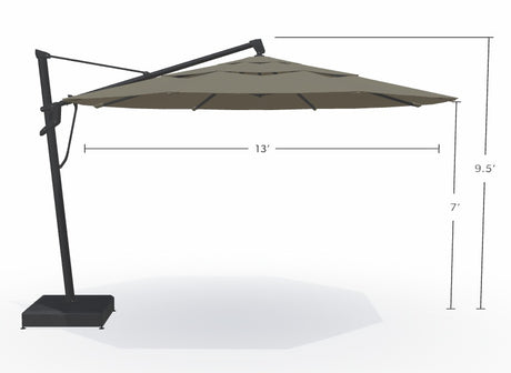 This image shows what the dimensions are for this umbrella. From the top of the umbrella to the top of the base, it measures 9.5 feet tall. From the bottom of the umbrella to the top of the base, it measures 7 feet tall. From the left edge of the umbrella to the right edge of the umbrella, it measures 13 feet wide.