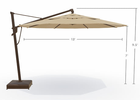 This image shows what the dimensions are for this umbrella. From the top of the umbrella to the top of the base, it measures 9.5 feet tall. From the bottom of the umbrella to the top of the base, it measures 7 feet tall. From the left edge of the umbrella to the right edge of the umbrella, it measures 13 feet wide.