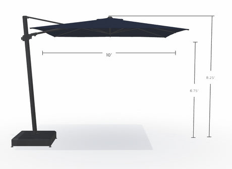 This image shows what the dimensions are of this umbrella. From the top of the umbrella to the top of the base, it's 8.25 feet tall. From the bottom of the umbrella to the base, it's 6.75 feet tall. From the left edge of the umbrella to the right edge of the umbrella, it measures 10 feet wide.