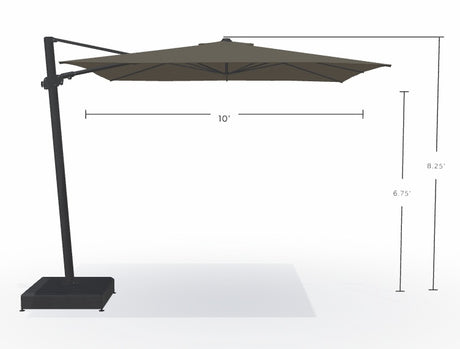 This image shows what the dimensions are of this umbrella. From the top of the umbrella to the top of the base, it's 8.25 feet tall. From the bottom of the umbrella to the base, it's 6.75 feet tall. From the left edge of the umbrella to the right edge of the umbrella, it measures 10 feet wide.