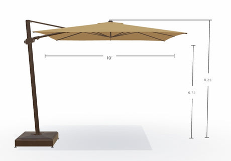 This image shows what the dimensions are of this umbrella. From the top of the umbrella to the top of the base, it's 8.25 feet tall. From the bottom of the umbrella to the base, it's 6.75 feet tall. From the left edge of the umbrella to the right edge of the umbrella, it measures 10 feet wide.