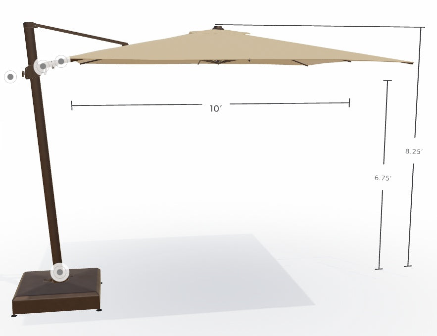 This image shows what the dimensions are of this umbrella. From the top of the umbrella to the top of the base, it's 8.25 feet tall. From the bottom of the umbrella to the base, it's 6.75 feet tall. From the left edge of the umbrella to the right edge of the umbrella, it measures 10 feet wide.