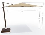 This image shows what the dimensions are of this umbrella. From the top of the umbrella to the top of the base, it's 8.25 feet tall. From the bottom of the umbrella to the base, it's 6.75 feet tall. From the left edge of the umbrella to the right edge of the umbrella, it measures 10 feet wide.