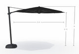 This image shows what the dimensions are of this umbrella. From the top of the umbrella to the top of the base, it's 9 feet tall. From the bottom of the umbrella to the base, it's 6.75 feet tall. From the left edge of the umbrella to the right edge of the umbrella, it measures 11.5 feet wide.