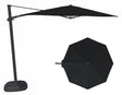 This image shows this specific cantilever umbrella on a white background. It shows what the umbrella looks like with the pole from the side and from above. The frames are black and the fabric is black.