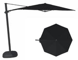 This image shows this specific cantilever umbrella on a white background. It shows what the umbrella looks like with the pole from the side and from above. The frames are black and the fabric is black.