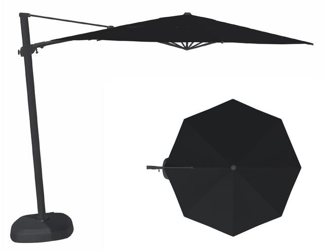 This image shows this specific cantilever umbrella on a white background. It shows what the umbrella looks like with the pole from the side and from above. The frames are black and the fabric is black.