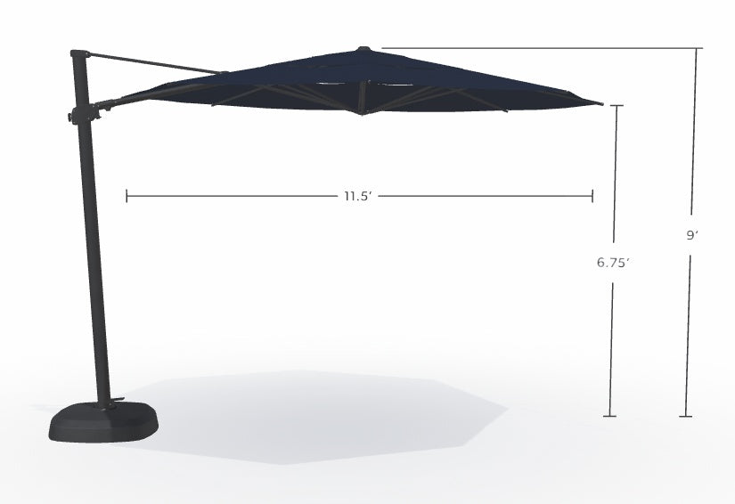 This image shows what the dimensions are of this umbrella. From the top of the umbrella to the top of the base, it's 9 feet tall. From the bottom of the umbrella to the base, it's 6.75 feet tall. From the left edge of the umbrella to the right edge of the umbrella, it measures 11.5 feet wide.