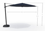This image shows what the dimensions are of this umbrella. From the top of the umbrella to the top of the base, it's 9 feet tall. From the bottom of the umbrella to the base, it's 6.75 feet tall. From the left edge of the umbrella to the right edge of the umbrella, it measures 11.5 feet wide.
