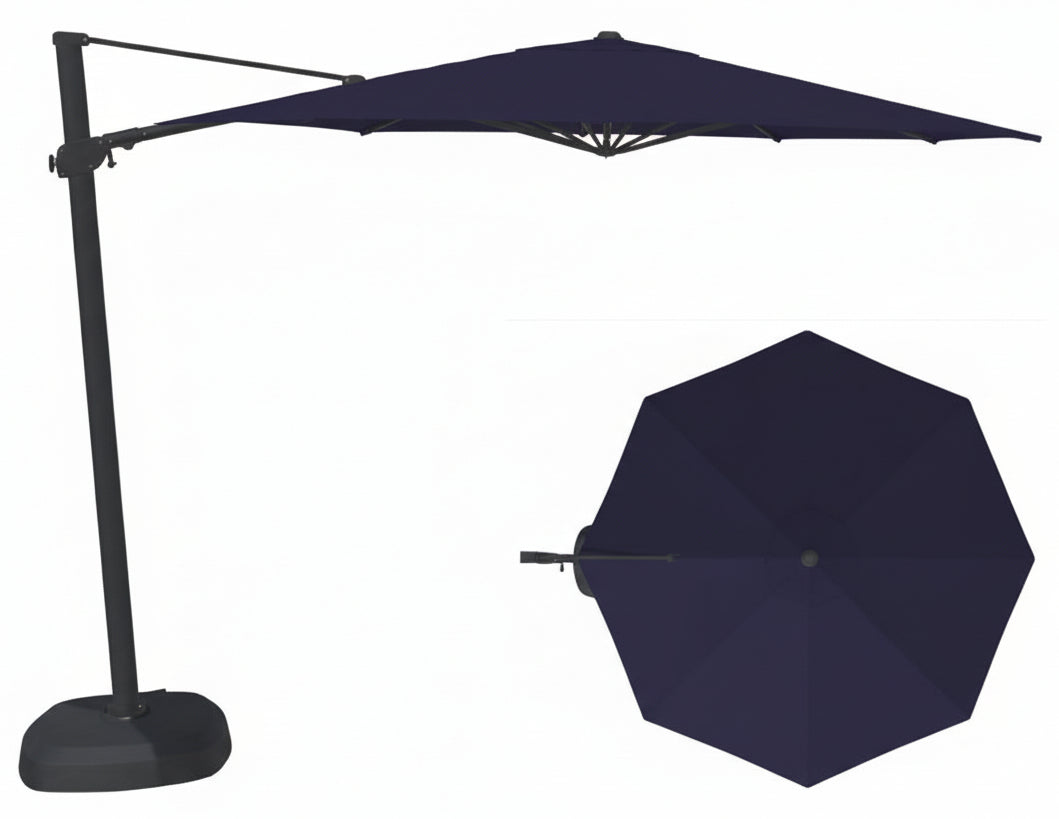 This image shows this specific cantilever umbrella on a white background. It shows what the umbrella looks like with the pole from the side and from above. The frames are black and the fabric is a blue/indigo color.