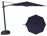 This image shows this specific cantilever umbrella on a white background. It shows what the umbrella looks like with the pole from the side and from above. The frames are black and the fabric is a blue/indigo color.