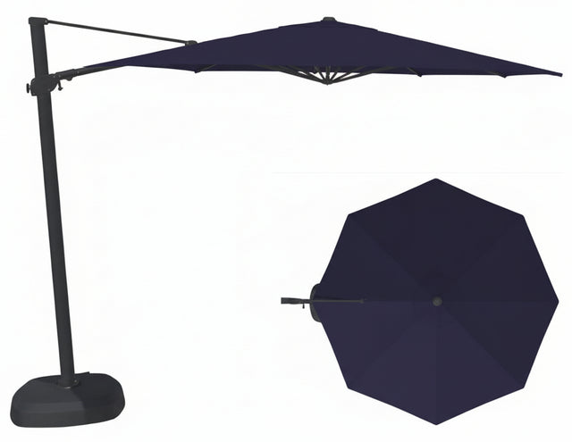 This image shows this specific cantilever umbrella on a white background. It shows what the umbrella looks like with the pole from the side and from above. The frames are black and the fabric is a blue/indigo color.