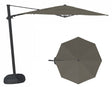 This image shows this specific cantilever umbrella on a white background. It shows what the umbrella looks like with the pole from the side and from above. The frames are black and the fabric is a charcoal/gray color.