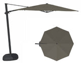 This image shows this specific cantilever umbrella on a white background. It shows what the umbrella looks like with the pole from the side and from above. The frames are black and the fabric is a charcoal/gray color.
