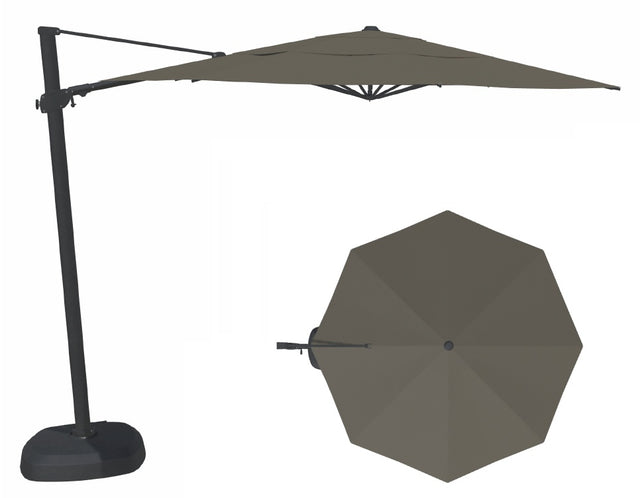 This image shows this specific cantilever umbrella on a white background. It shows what the umbrella looks like with the pole from the side and from above. The frames are black and the fabric is a charcoal/gray color.