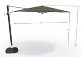 This image shows what the dimensions are of this umbrella. From the top of the umbrella to the top of the base, it's 9 feet tall. From the bottom of the umbrella to the base, it's 6.75 feet tall. From the left edge of the umbrella to the right edge of the umbrella, it measures 11.5 feet wide.