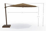 This image shows what the dimensions are of this umbrella. From the top of the umbrella to the top of the base, it's 9 feet tall. From the bottom of the umbrella to the base, it's 6.75 feet tall. From the left edge of the umbrella to the right edge of the umbrella, it measures 11.5 feet wide.