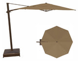 This image shows this specific cantilever umbrella on a white background. It shows what the umbrella looks like with the pole from the side and from above. The frames are bronze and the fabric is a tan/toffee color.