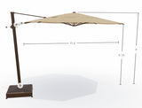 This image shows what the dimensions are of this umbrella. From the top of the umbrella to the top of the base, it's 9 feet tall. From the bottom of the umbrella to the base, it's 6.75 feet tall. From the left edge of the umbrella to the right edge of the umbrella, it measures 11.5 feet wide.