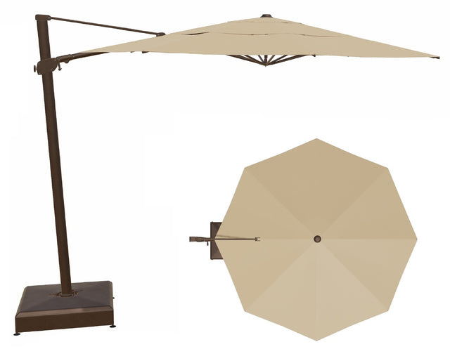This image shows this specific cantilever umbrella on a white background. It shows what the umbrella looks like with the pole from the side and from above. The frames are bronze and the fabric is a tan/champagne color.