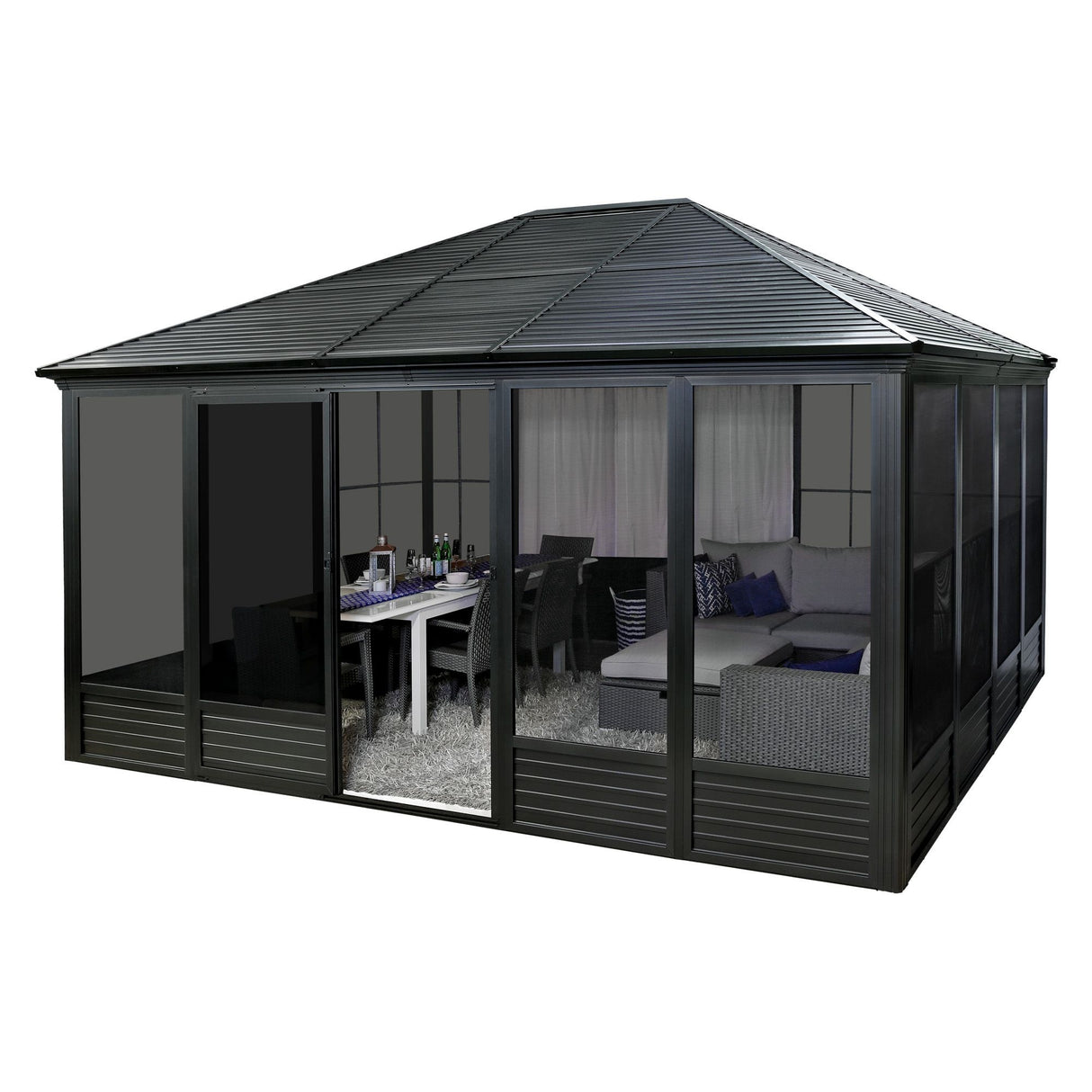 This image shows what this gazebo looks like on a white background. Inside the gazebo, there's a patio furniture set along with a desk and some chairs.