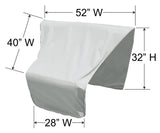 This image shows the different specs of this cover. The top width is 52 inches. The left side is 40 inches wide. The bottom width is 28 inches wide. The whole thing is 32 inches in height.