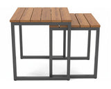 This image shows these nesting tables on a white background. The frames are a dark gray color and the tabletop is antique mahogany.