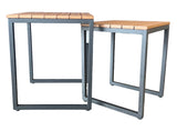 This image shows these nesting tables on a white background. The frames are a dark gray color and the tabletop is antique mahogany.