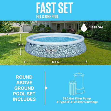 Bestway Fast Set 13' x 33" Round Inflatable Swimming Pool Set, Rattan Print