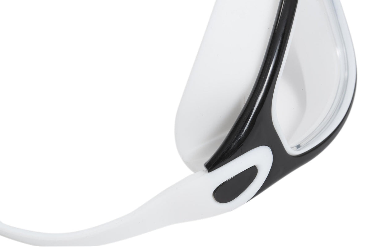 This image shows an up close view of the side of the swim mask. This mask is white and black.