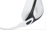 This image shows an up close view of the side of the swim mask. This mask is white and black.
