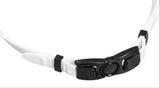 This image is an up close view of the unique clasp on this swim mask. The clasp is black and the head strap is white.