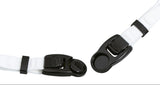 This image shows the unique clasp on the head strap of this swim mask. The clasp is black and the strap is white.