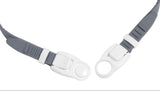 This image shows the unique clasp on the head strap of this swim mask. The clasp is white and the strap is gray.