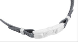 This image is an up close view of the unique clasp on this swim mask. The clasp is white and the head strap is gray.