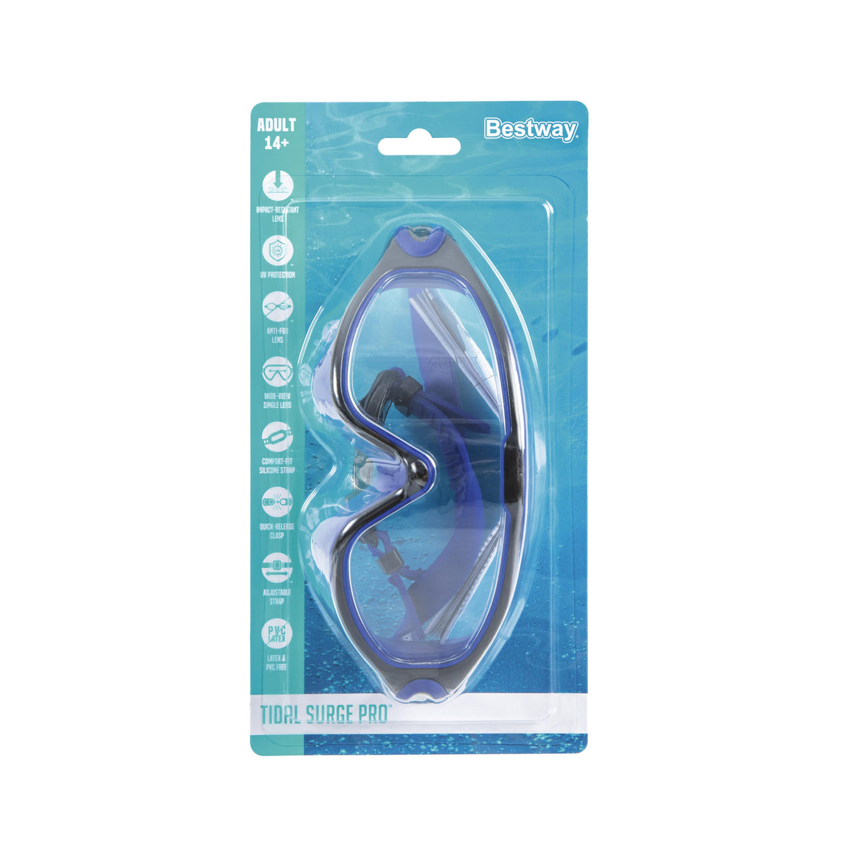 This image shows the packaging that this swim mask comes in. It reads "Adult 14+. Bestway. Impact-resistant lens. UV protection. Anti-fog lens. Wide-view single lens. Comfort-fit silicone strap. Quick-release clasp. Adjustable strap. Latex & PVC free. Total Surge Pro Goggles." This is the black and blue option.