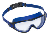 This image shows the swim mask on a white background. This mask has a black frame around the eyecups and the skirt/head strap are blue. The clasp is black.