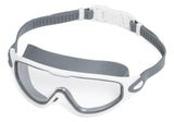 This image shows the swim mask on a white background. This mask has a white frame around the eyecups and the skirt/head strap are gray. The clasp is white.