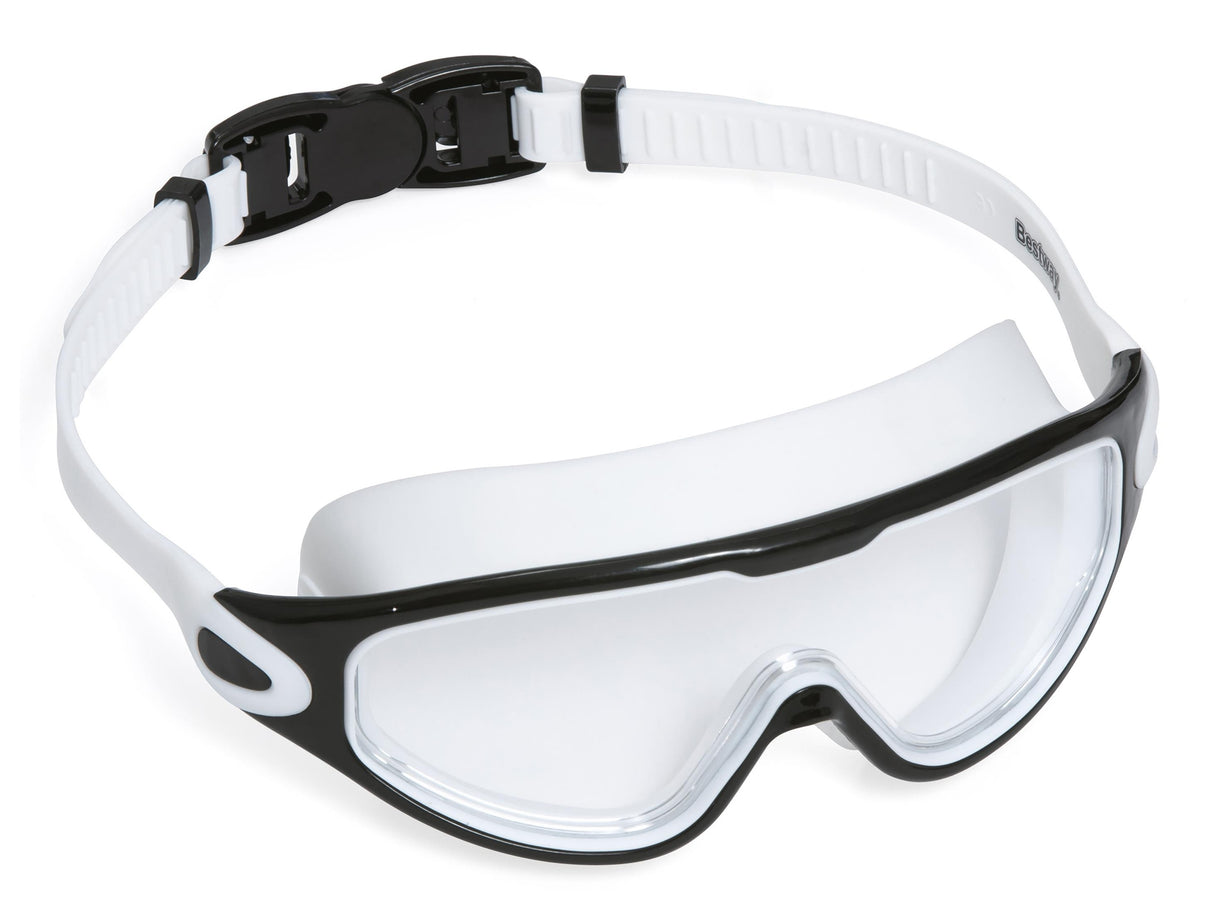 This image shows the swim mask on a white background. This mask has a black frame around the eyecups and the skirt/head strap are white. The clasp is black.