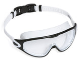This image shows the swim mask on a white background. This mask has a black frame around the eyecups and the skirt/head strap are white. The clasp is black.