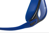 This image shows an up close view of the side of the swim mask. This mask is blue and black.