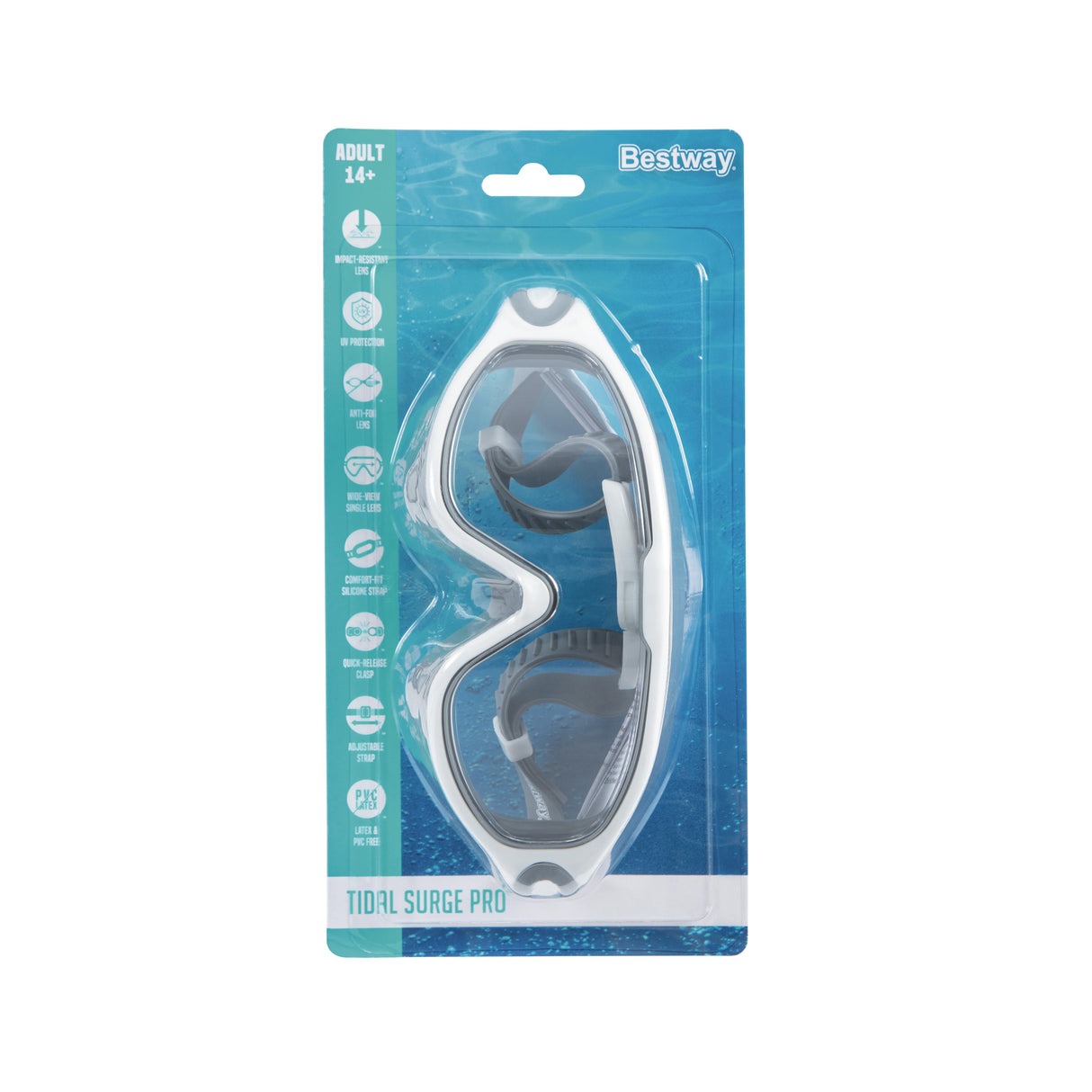 This image shows the packaging that this swim mask comes in. It reads "Adult 14+. Bestway. Impact-resistant lens. UV protection. Anti-fog lens. Wide-view single lens. Comfort-fit silicone strap. Quick-release clasp. Adjustable strap. Latex & PVC free. Total Surge Pro Goggles." This is the gray and white option.