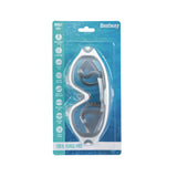 This image shows the packaging that this swim mask comes in. It reads "Adult 14+. Bestway. Impact-resistant lens. UV protection. Anti-fog lens. Wide-view single lens. Comfort-fit silicone strap. Quick-release clasp. Adjustable strap. Latex & PVC free. Total Surge Pro Goggles." This is the gray and white option.