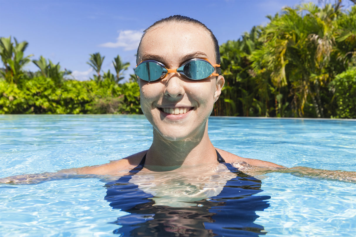 This image shows a woman swimming with her head above water wearing the orange goggles.