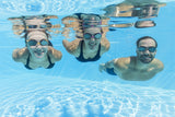 This is a lifestyle image showing three adults swimming wearing all three of the color options available for these goggles.