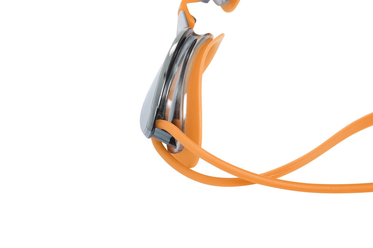 This image shows how thick the eyecups are on these goggles. This is the orange option on a white background.